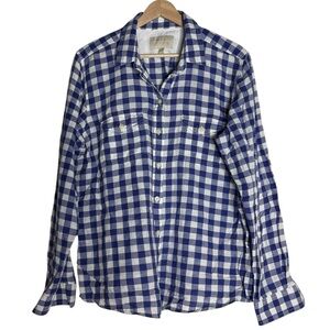 Banana Republic Linen Blend Gingham Plaid Flannel Button Up Shirt Size XL Blue